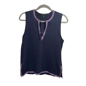 J Crew Womans Blue Sleeveless Embroidered Ribbon Trim Shirt S Boho Preppy